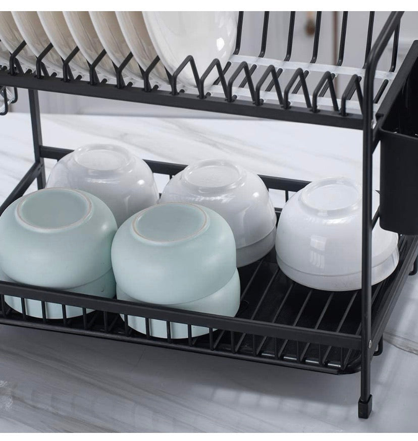 Counter Top Dish Rack Dish Storage Rack Kitchen Shelf Dish Drainer Alumimum 2-Tier Dish Holder Cup Holder