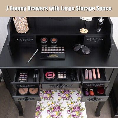Dressing Table Set w/Makeup Desk & Stool Tri-Folding Vanity Mirror Drawers Black