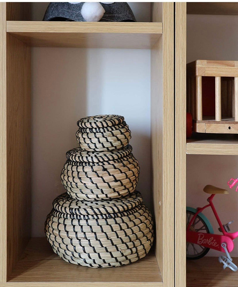 Set of 3 Round Seagrass Box Lidded Storage Bin