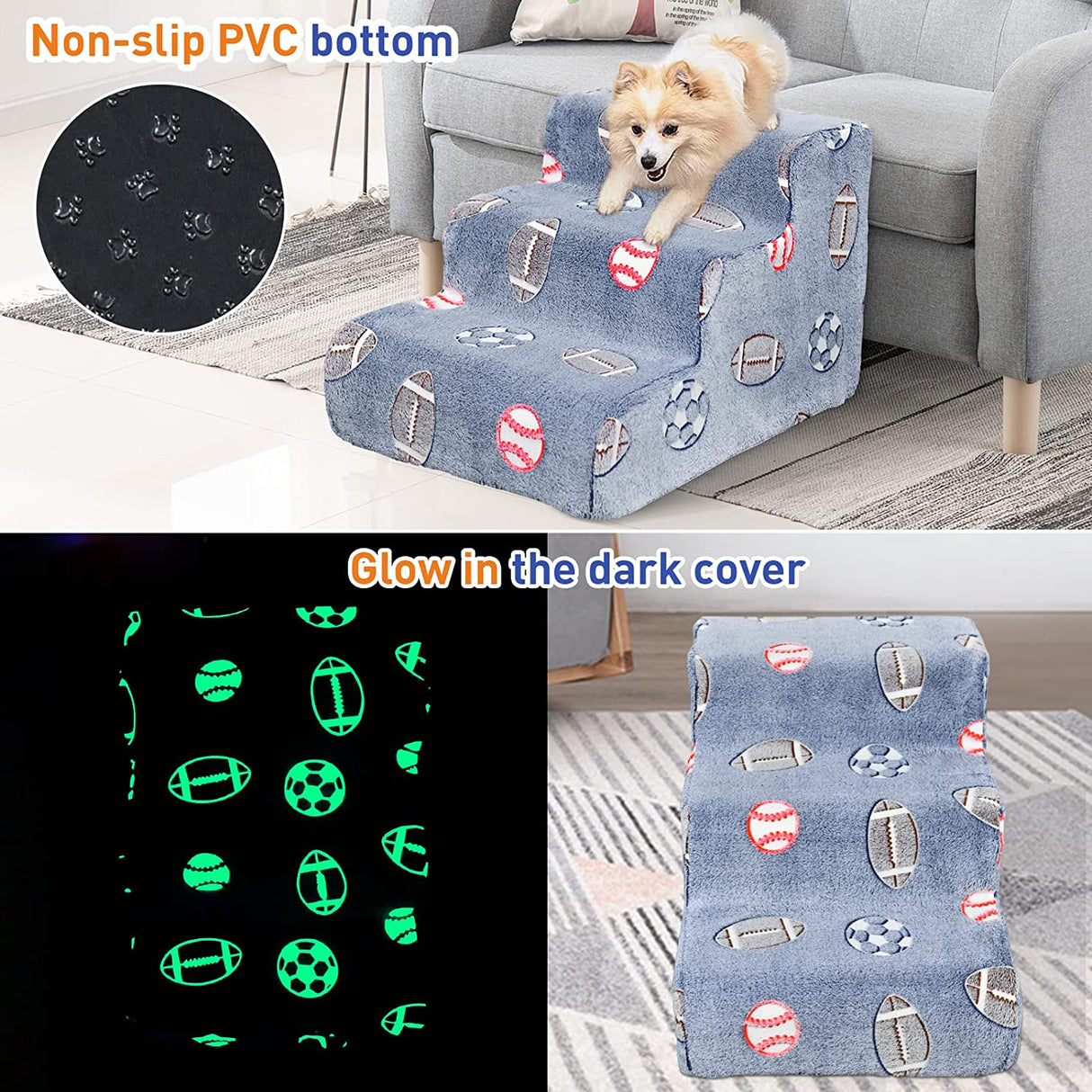 Pet stairs for small medium large dogs cats,Glow in the dark Extra Wide Foam pet ramps, Portable Ramp Stairs for Couch, Sofa, and High Bed Climbing, Non-Slip Balanced Step Support, 3-Step Best Pet Supplies