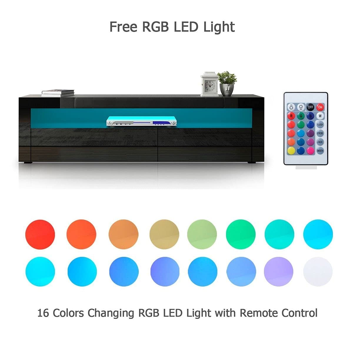 TV Cabinet Stand LED Light TV Entertainment Unit Wood Storage Shelf 2 Doors Black 155CM