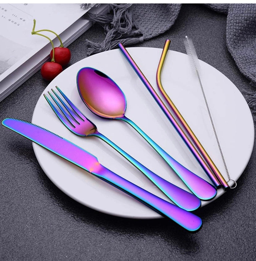 Portable Utensils Silverware Flatware Set 8-Piece Cutlery Set Including Knife Fork Spoon Chopsticks Straws Portable Bag for Travel Work Camping Picnic Stainless Steel Utensil Set (Rainbow Full)