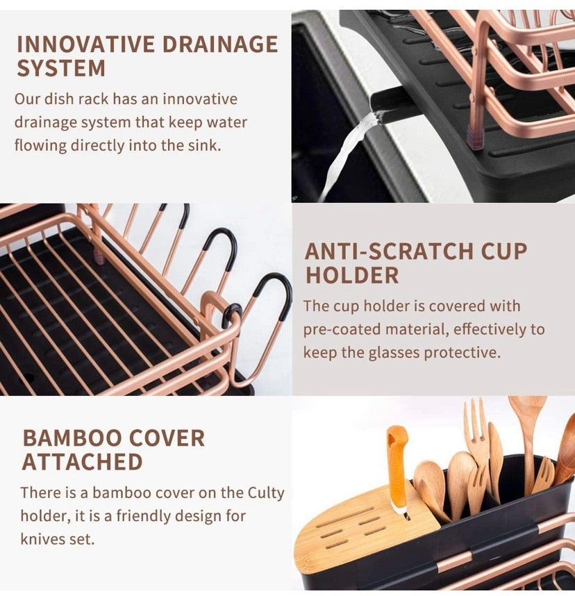 Aluminium Dish Drying Rack, Never Rust Dish Rack with Removable Cutlery Holder &Cup Holder (Rose Gold)
