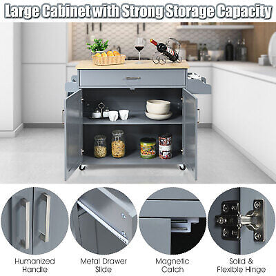 Rolling Kitchen Island Cart Storage Cabinet w/ Towel & Spice Rack Gray