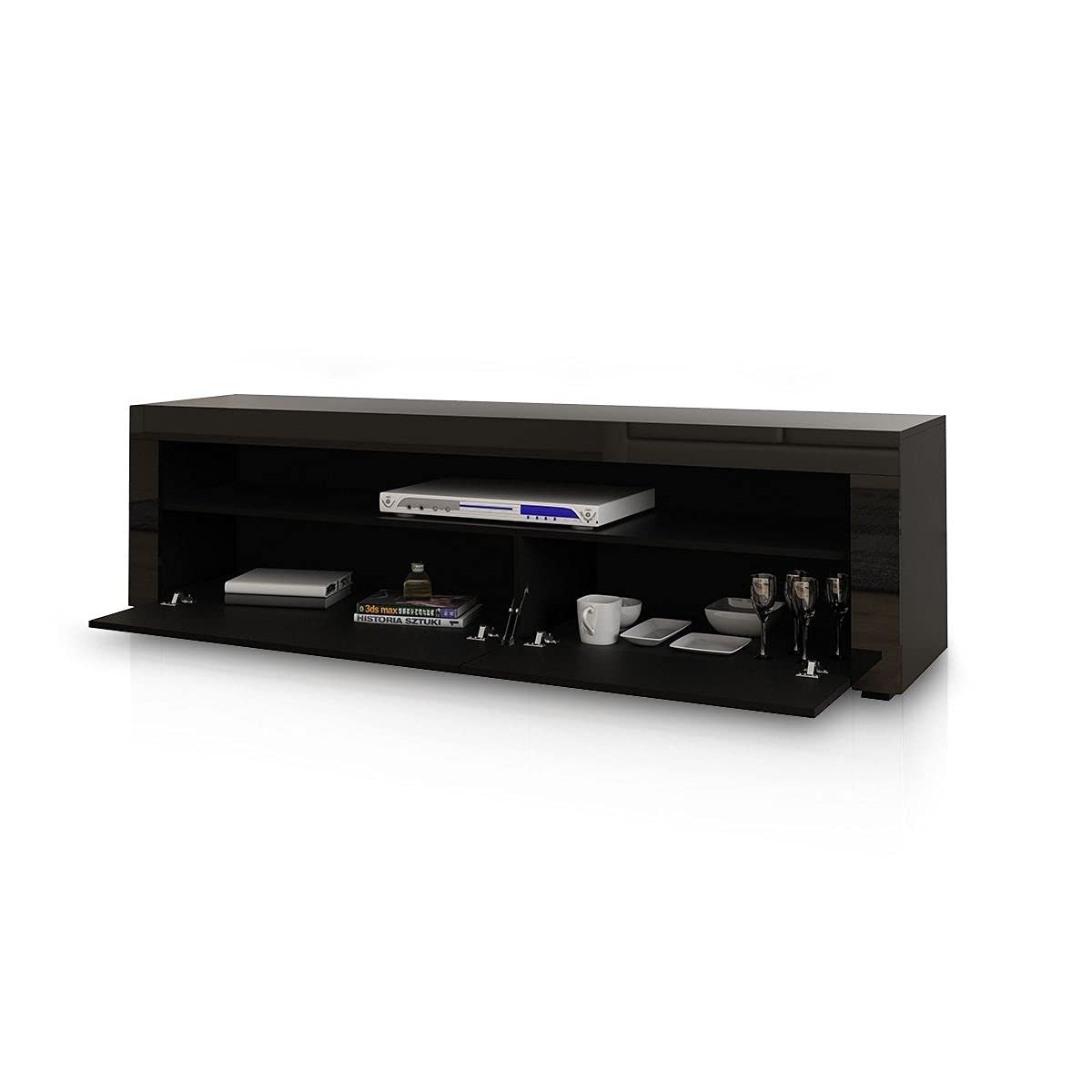 TV Cabinet Stand LED Light TV Entertainment Unit Wood Storage Shelf 2 Doors Black 155CM