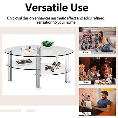 Oval Coffee Table 3-Tier Tempered Glass & Chrome Base Clear Living Room