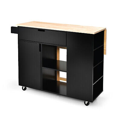 Black Drop-Leaf Rolling Kitchen Island with Cabinet