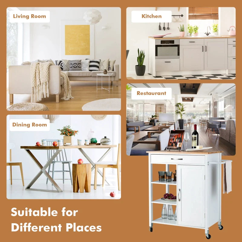 Kitchen Island Trolley Mobile Kitchen Storage Cabinet w/Rubber Wood Top & 3-Tier Open Shelf Serving Cart, White