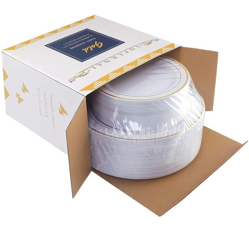 102 pcs Gold Plastic Plates, Disposable Party Plates, Gold Rimmed White Plates, Premium Heavyweight Plates for Wedding, Easter Include 51 Dinner Plates, 51 Dessert Plates, Supernal