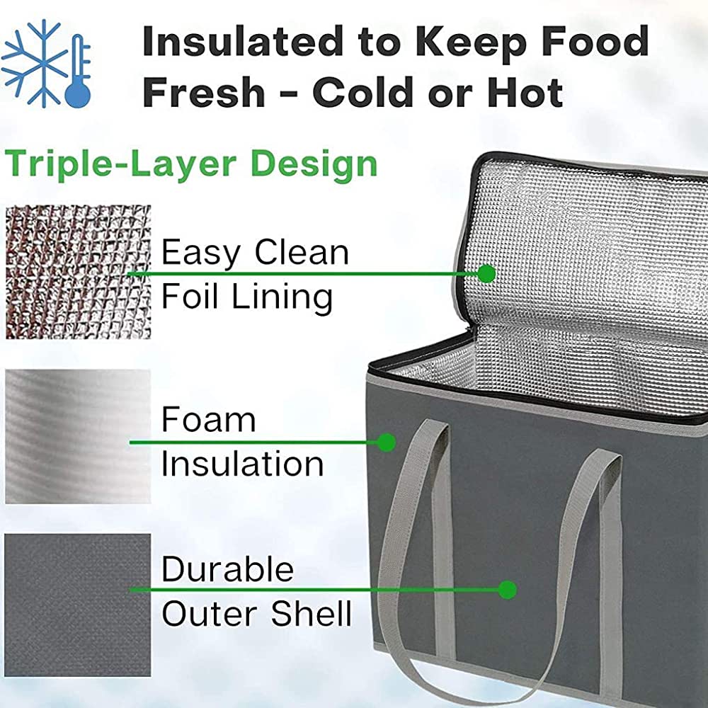 Set of 2 XL Insulated Grocery Bags with Zipper Closure Heavy Duty Foldable Insulated Shopping Bags for Groceries & Reusable Zipper Insulated Bag for Cold/Hot Shopping & Frozen Food Transport Delivery