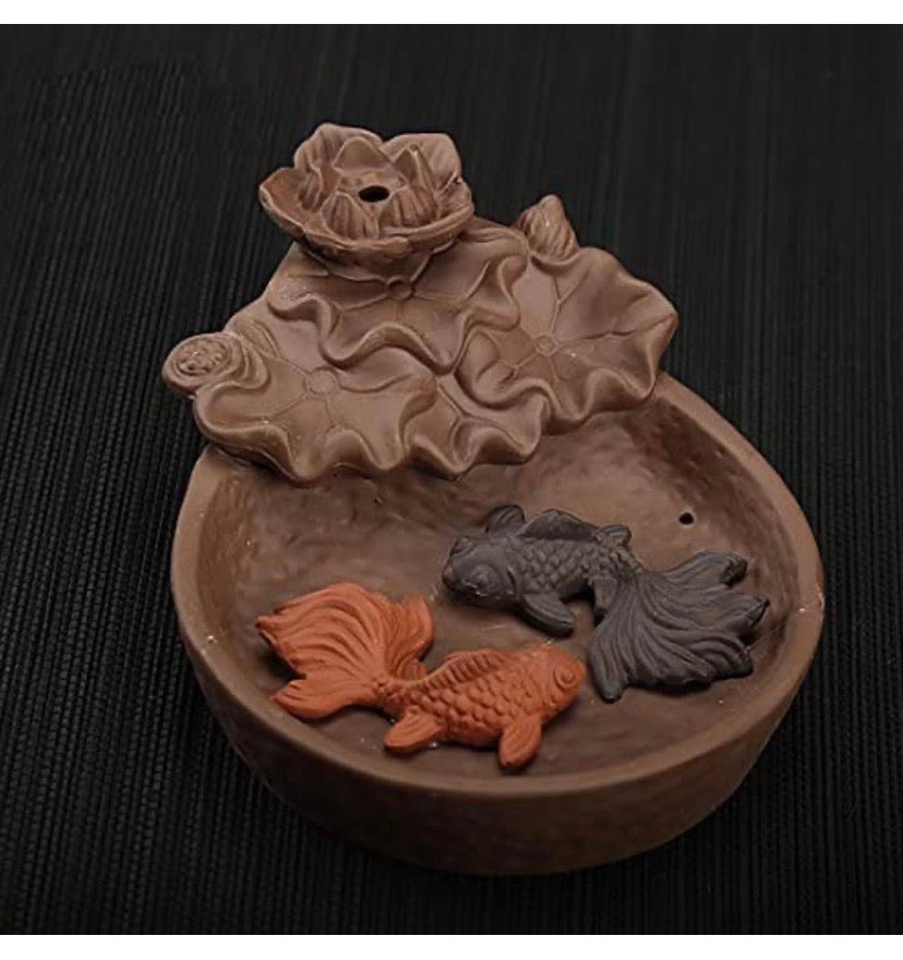 Two Fishes Ceramic Purple Clay Smoke Backflow Incense Cone Sticks Burner Holder