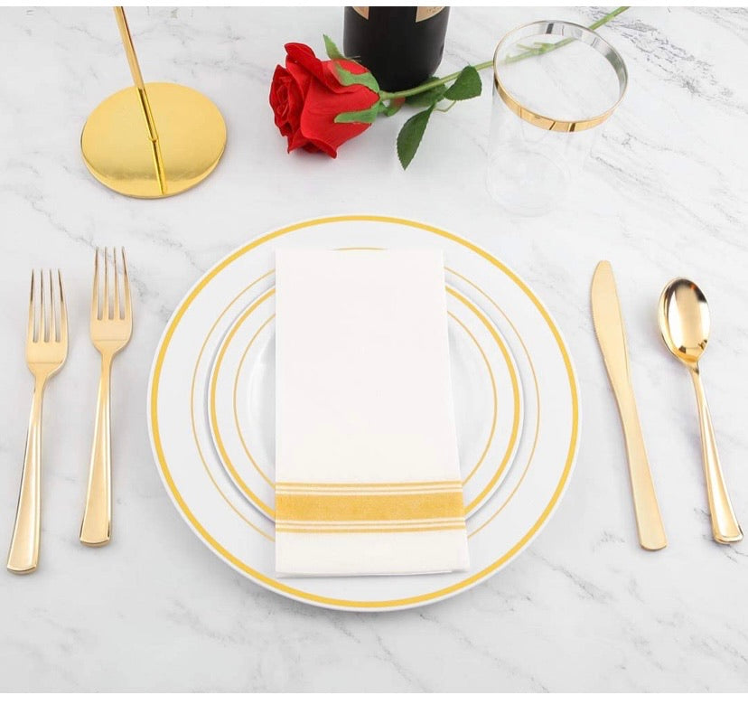 102 pcs Gold Plastic Plates, Disposable Party Plates, Gold Rimmed White Plates, Premium Heavyweight Plates for Wedding, Easter Include 51 Dinner Plates, 51 Dessert Plates, Supernal