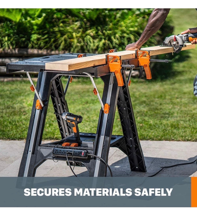Multi-Function Work Table and Sawhorse with Quick Clamps and Pegs