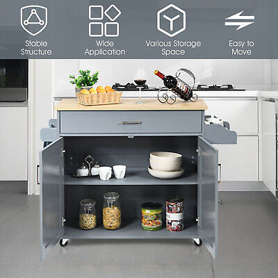 Rolling Kitchen Island Cart Storage Cabinet w/ Towel & Spice Rack Gray