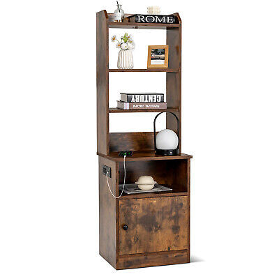 Nightstand Bedside End Side Table Bookshelf w/ Charging Station