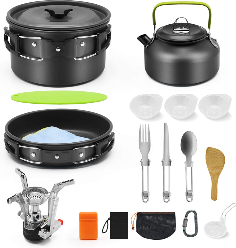16pcs Camping Cookware Kit, Outdoor Cooking Set with Kettle, Lightweight Camping Pot and Pan for 2 to 3 People Camping, Hiking,Picnic