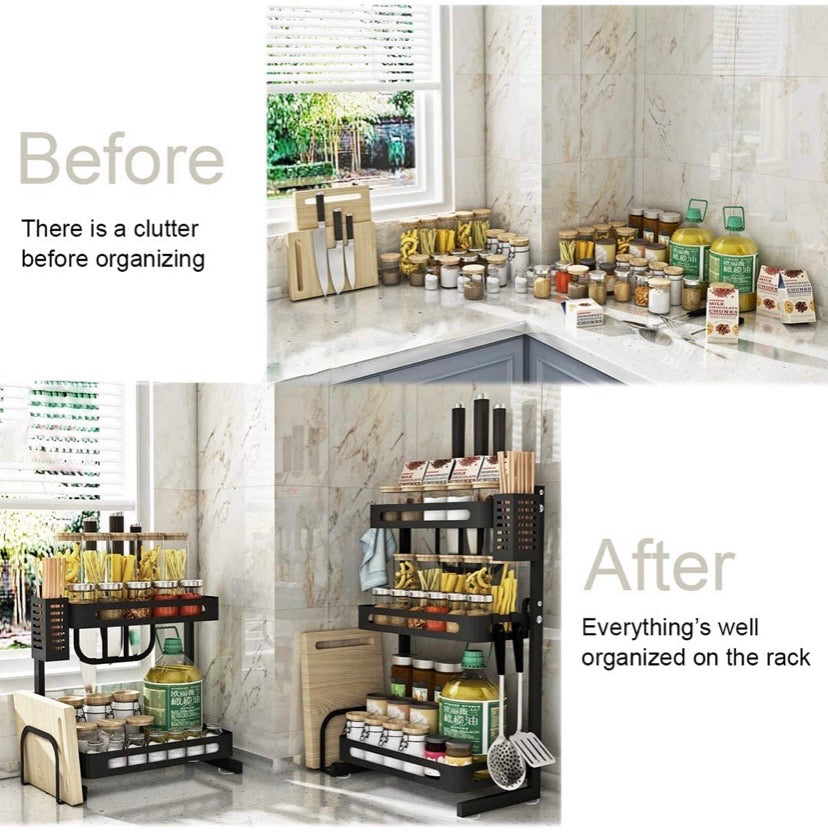 Countertop Spice Rack Set, Stainless Steel Kitchen Cabinet Shelf Organizer, Easy Removable Storage Rack with Knife Holder, Cutting Board Holder and Cutlery Holder, Matte Black (3 Tier)