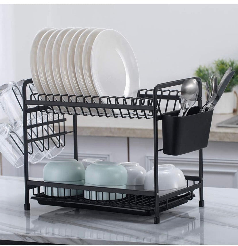 Counter Top Dish Rack Dish Storage Rack Kitchen Shelf Dish Drainer Alumimum 2-Tier Dish Holder Cup Holder