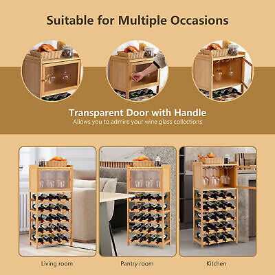 20-Bottle Wine Rack Cabinet Bamboo Display Shelf w/ Glass Holder Kitchen