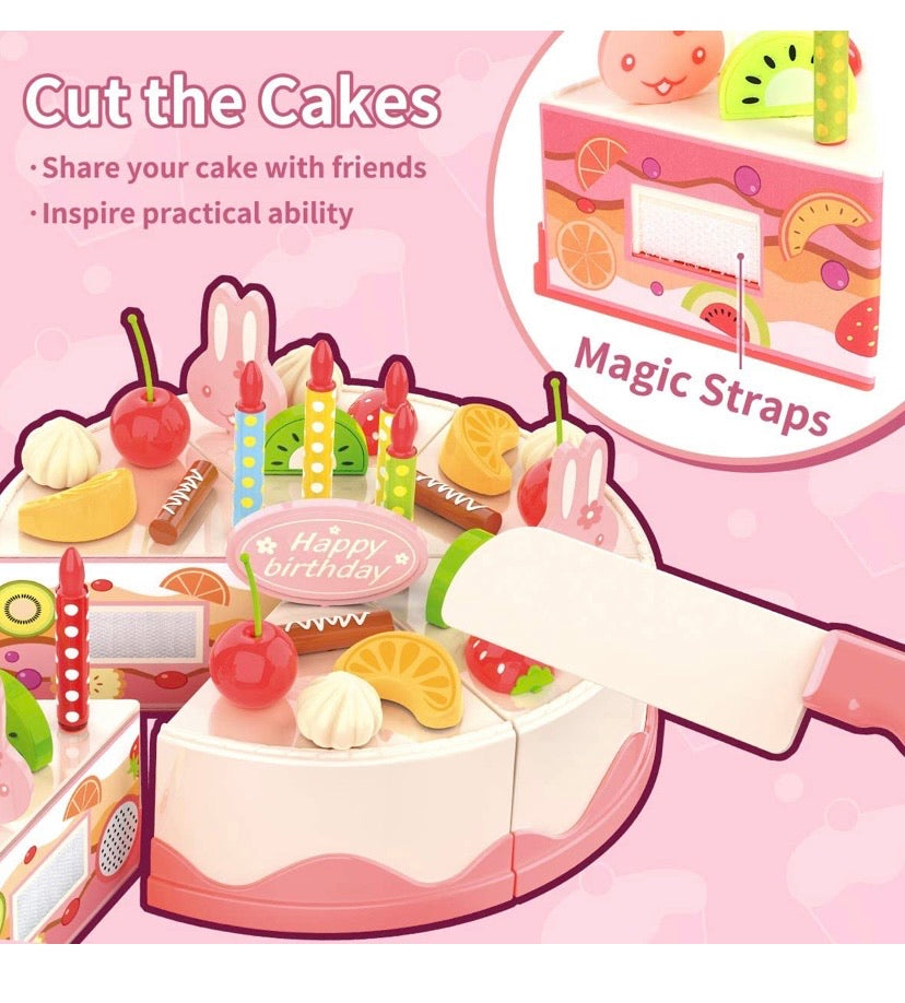 Pretend Play Food for Kids, DIY 82PCS Decorating and Cutting Birthday Party Cake, Tea Set,Candle,Fruits,Biscuits,Desserts,Educational Kitchen Toy with Lights&Sounds for Children,Girls&Boys,Aged 3+
