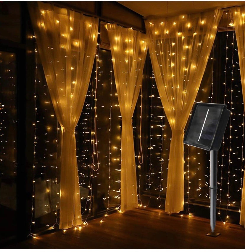 300LED Solar Curtain String Lights Wedding Holidays Party String Lights Waterproof Outdoor Indoor Christmas Light Fairy Lights for Window, House, Lawn, Garden, Patio Landscape Decoration