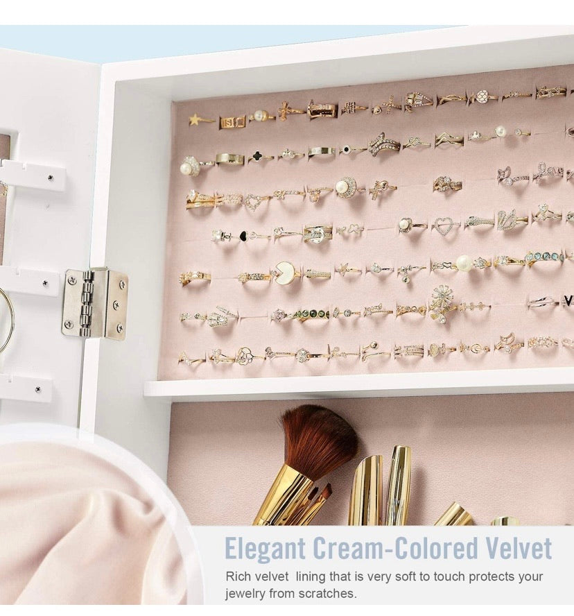 LED Light Jewellery Cabinet Standing full Screen Mirror Makeup Lockable Armoire, Large Cosmetic Storage Organizer w/Brush Holder white