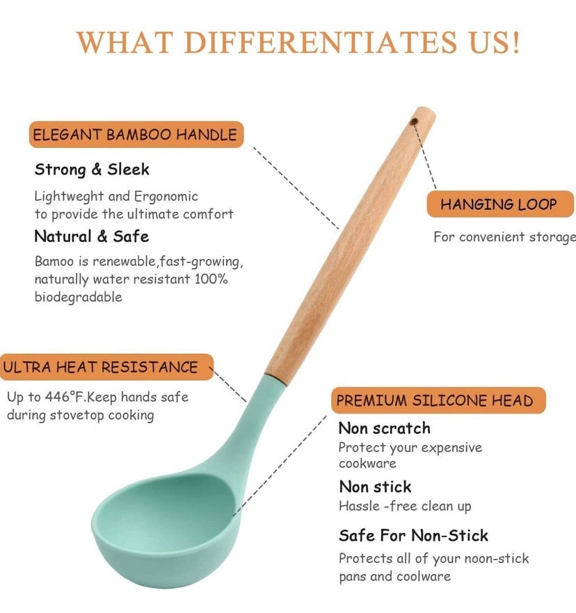 Silicone Kitchen Utensil Set, Cooking Spatulas Soup Ladle Slotted Spoon Turner Pasta Server Basting Brush Tongs Whisk Wooden Handle Heat Resistant Cookware Non-Stick Kitchen Gadgets Tools 12 Pcs