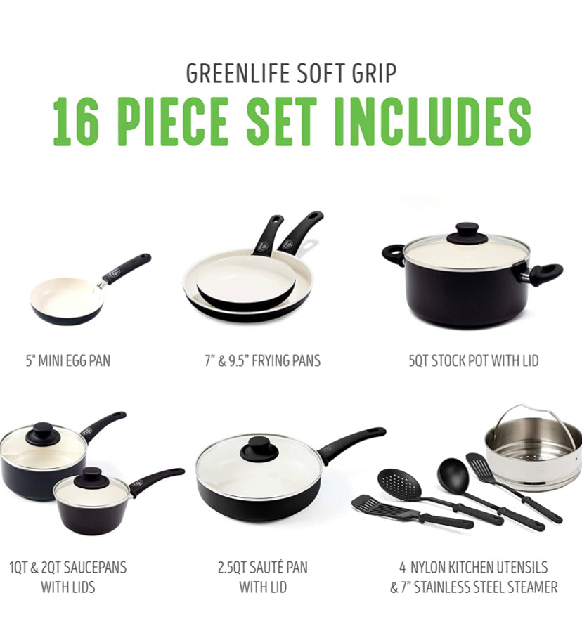 GreenLife Soft Grip 16pc Ceramic Non-Stick Cookware Set