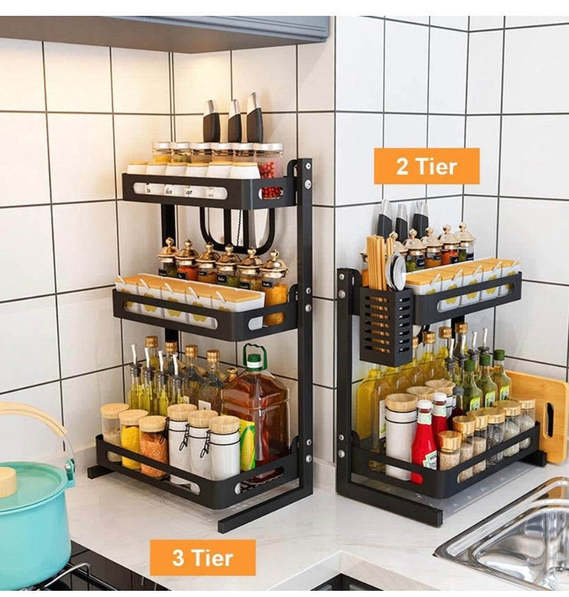 Countertop Spice Rack Set, Stainless Steel Kitchen Cabinet Shelf Organizer, Easy Removable Storage Rack with Knife Holder, Cutting Board Holder and Cutlery Holder, Matte Black (3 Tier)