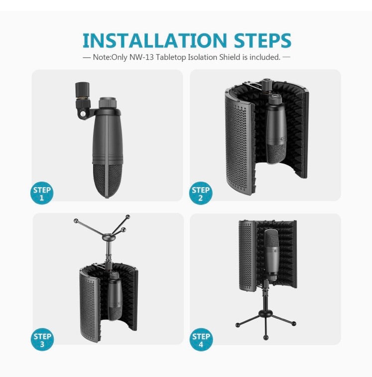 Foldable Compact Microphone Isolation Shield with Tripod Stand