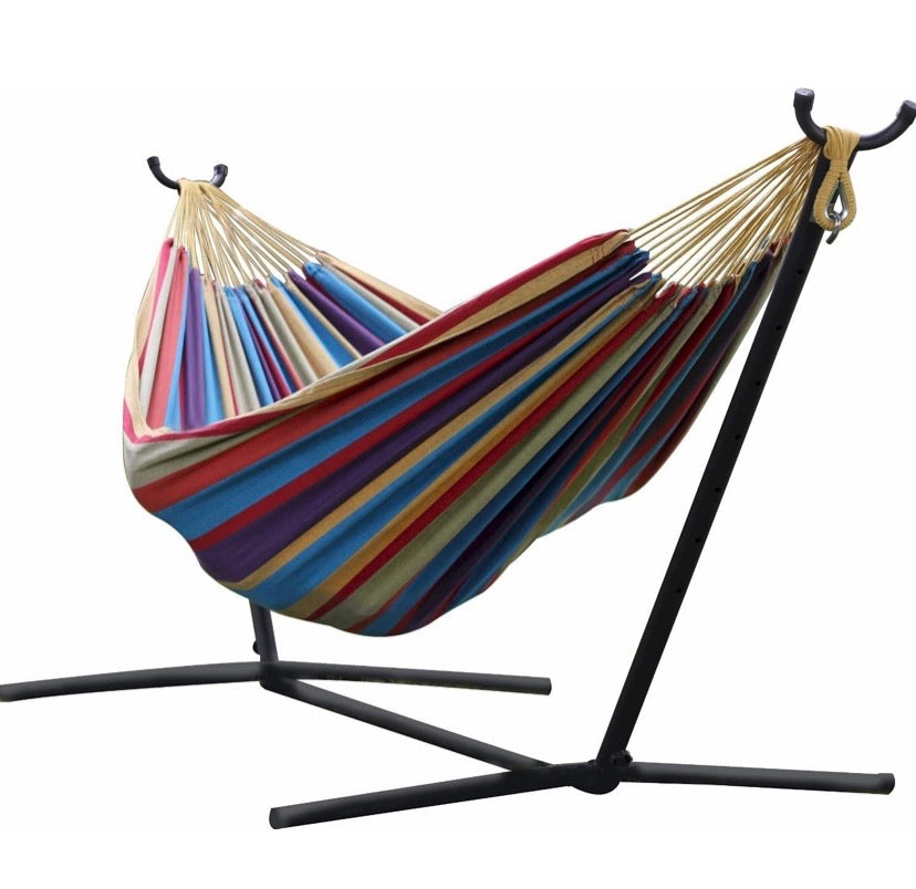 Double Cotton Hammock with Space Saving Steel Stand, Tropical (450 lb Capacity- Premium Carry Bag Included), Tropical with Charcoal Frame, 2 Person
