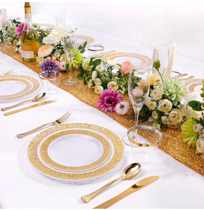 180pcs Plastic Gold Lace Plates, Durable Wedding Plates and Cutlery Set