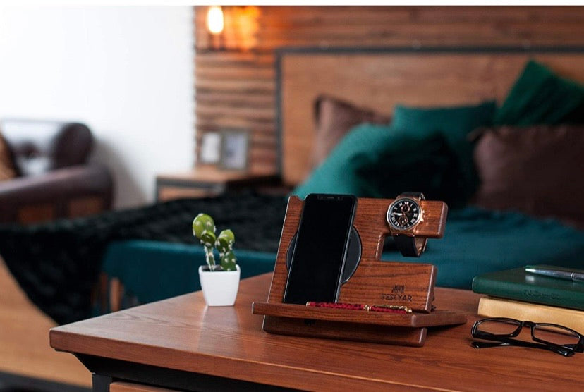 Wood Phone Docking Station Ash Key Holder Wallet Stand Watch Organizer Men Gift Husband Wireless Charging Pad Slim Birthday Nightstand Purse Tablet Compatible with iPhone Samsung Plus All Qi Devices