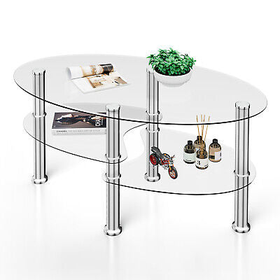 Oval Coffee Table 3-Tier Tempered Glass & Chrome Base Clear Living Room