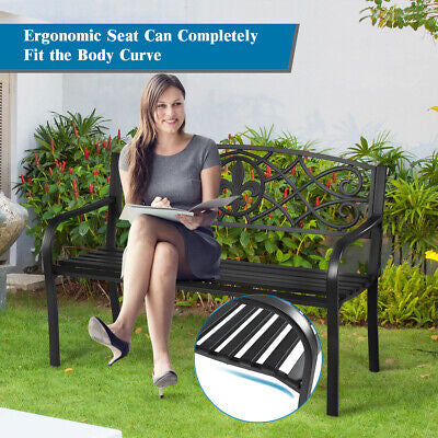 Patio Garden Bench Park Yard Outdoor Furniture Steel Slats Porch Chair Seat