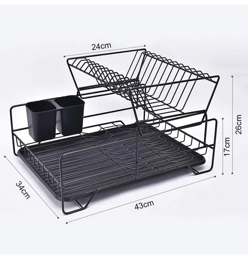Dish Rack, Dish Drying Rack, 2 Tier Dish Rack with Utensil Holder, Cup Holder and Dish Drainer for Kitchen Counter Top (Black)