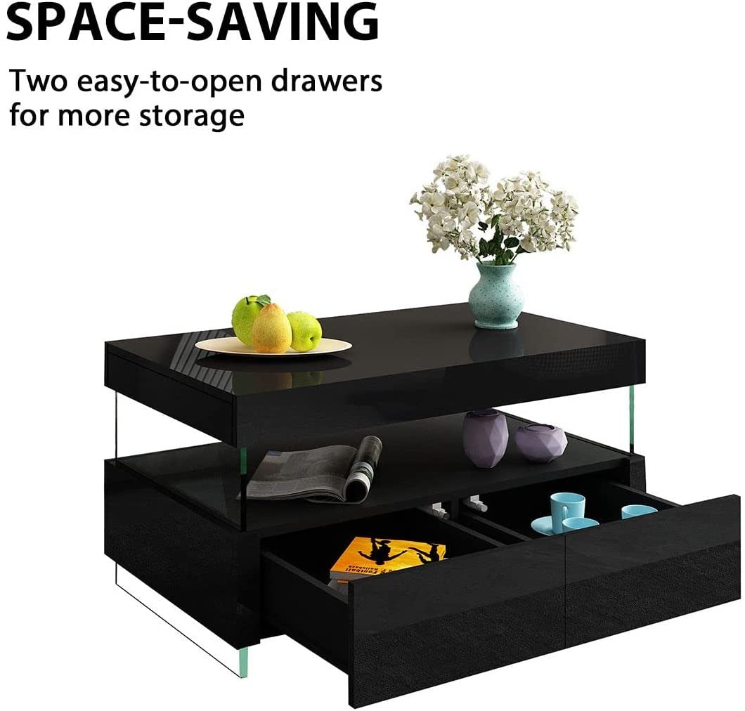 Luxsuite Coffee Table LED High Gloss Rectangle with 2 Drawers 16 LED Colours Living Room Storage Modern Furniture
