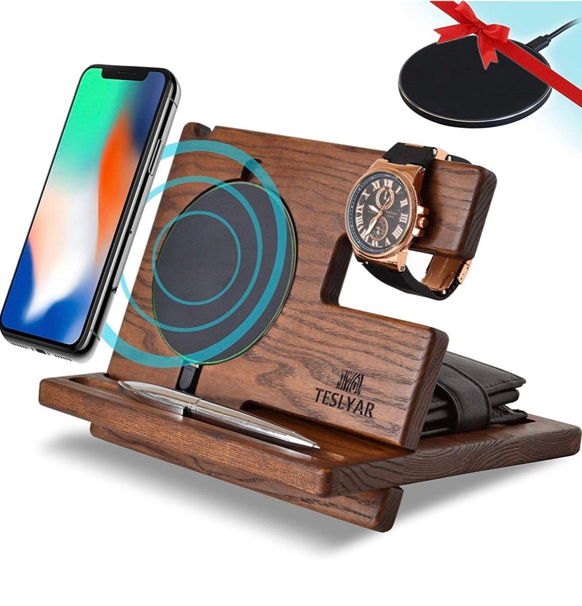 Wood Phone Docking Station Ash Key Holder Wallet Stand Watch Organizer Men Gift Husband Wireless Charging Pad Slim Birthday Nightstand Purse Tablet Compatible with iPhone Samsung Plus All Qi Devices