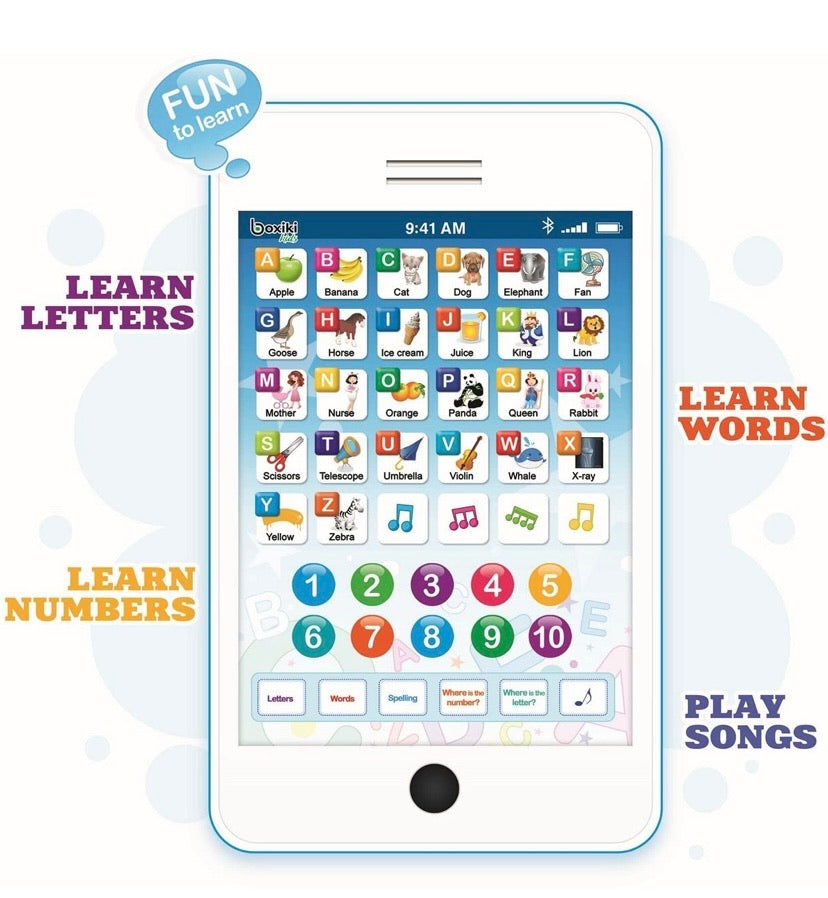 Learning Pad Fun Phone with 6 Toddler Learning Games by Boxiki Kids | Touch and Learn Interactive Tablet for Number Learning, Learning ABCs, Spelling, “Where is?” Game, Melodies | Educational Toy