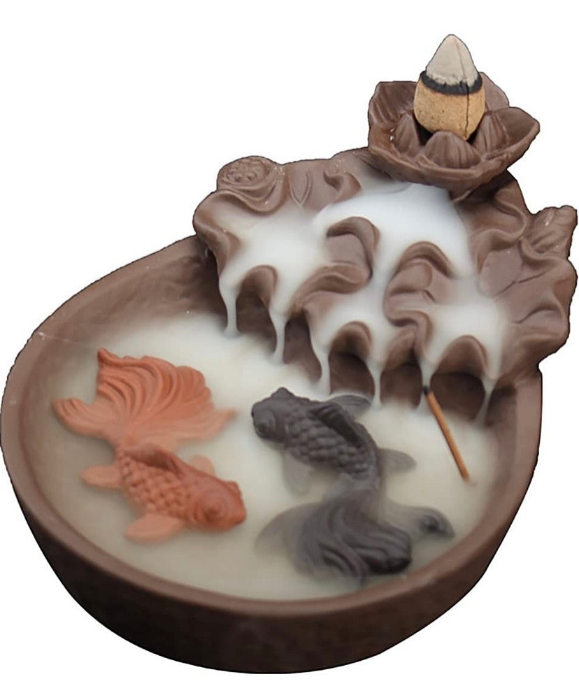 Two Fishes Ceramic Purple Clay Smoke Backflow Incense Cone Sticks Burner Holder