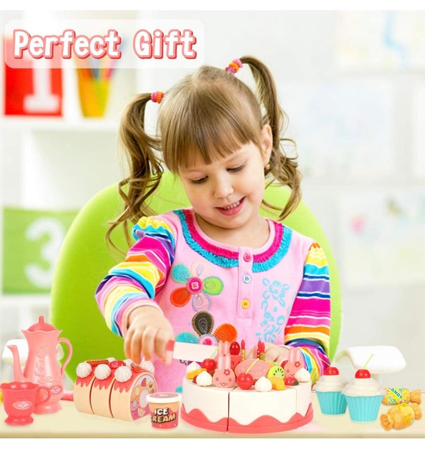 Pretend Play Food for Kids, DIY 82PCS Decorating and Cutting Birthday Party Cake, Tea Set,Candle,Fruits,Biscuits,Desserts,Educational Kitchen Toy with Lights&Sounds for Children,Girls&Boys,Aged 3+