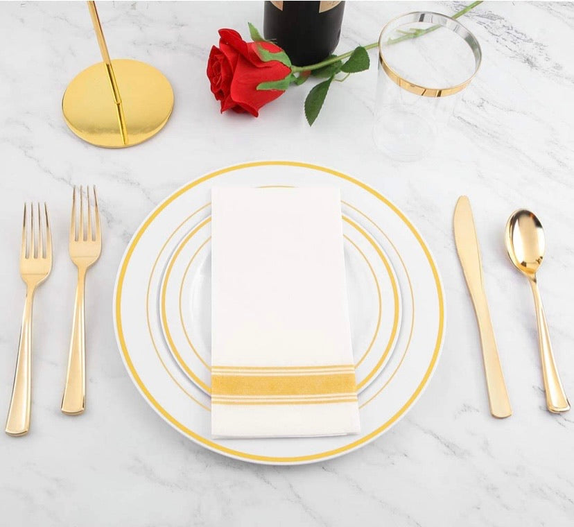 200 Pieces Disposable Dinnerware Set Include Gold Plastic Plates, Gold Plastic Silverware, Gold Plastic Cups, Linen Like Paper Napkins, Service for 25 Guests, Enjoylife (Gold)