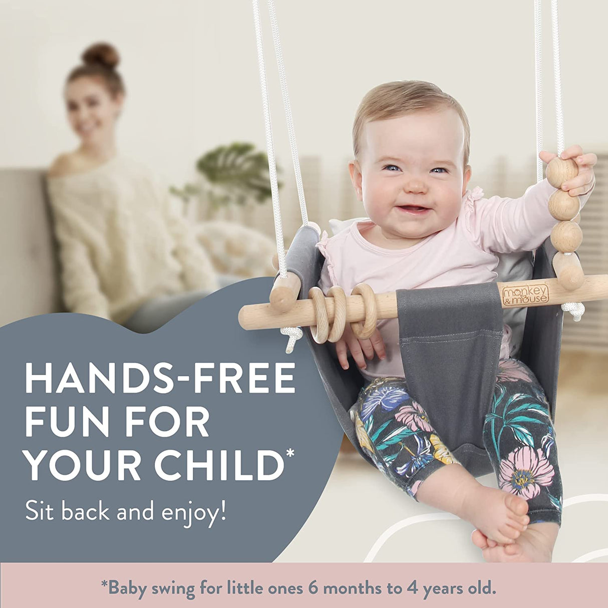 Monkey & Mouse Secure Canvas and Wooden Hanging Swing Seat Chair with a Baby, Infant, Toddler, Kids Toys - Indoor and Outdoor Hammock, for Tree Swings or Backyard Outside Swing Set Use for Infants