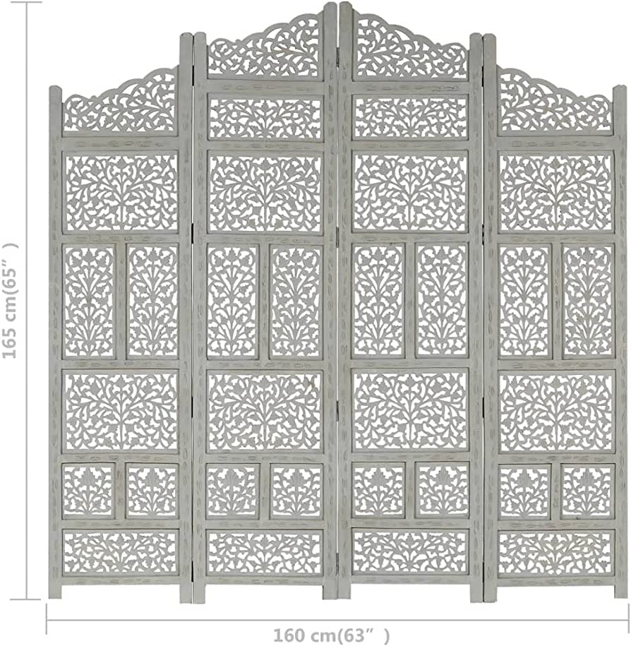 Solid Mango Wood Hand Carved 4-Panel Room Divider Wooden Bedroom Living Room Office Privacy Screen Partition Paravent Grey 160x165 cm