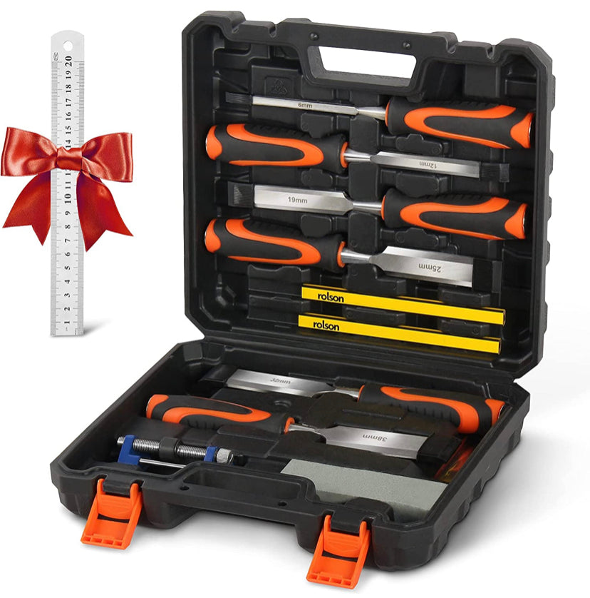 11 Pcs Wood Chisel Set with Case, Premium Wood Carving Tools for Woodworking with 6 Wood Chisels in Heated Tread Cr-V Alloy, 1 Honing Guide, 1 Sharpening Stone, 1 Rule & 2 Carpenter Pencils