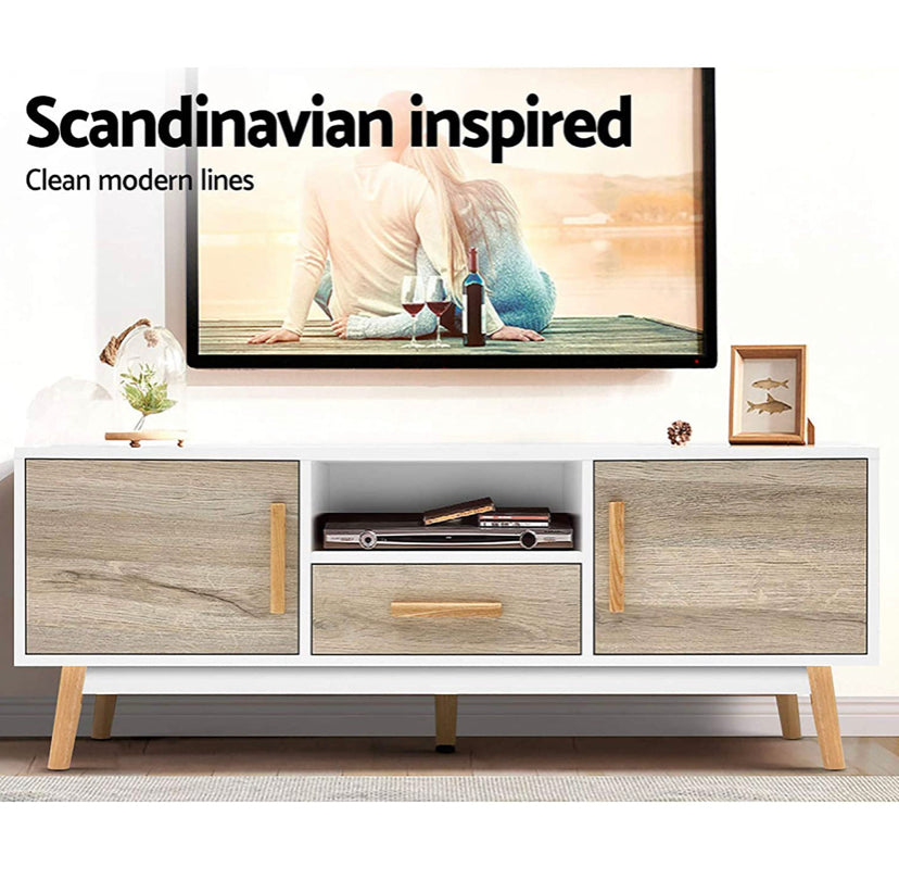 Artiss TV Unit 120cm Length Entertainment Unit Wooden TV Cabinet Scandinavian Console Table, White & Wood