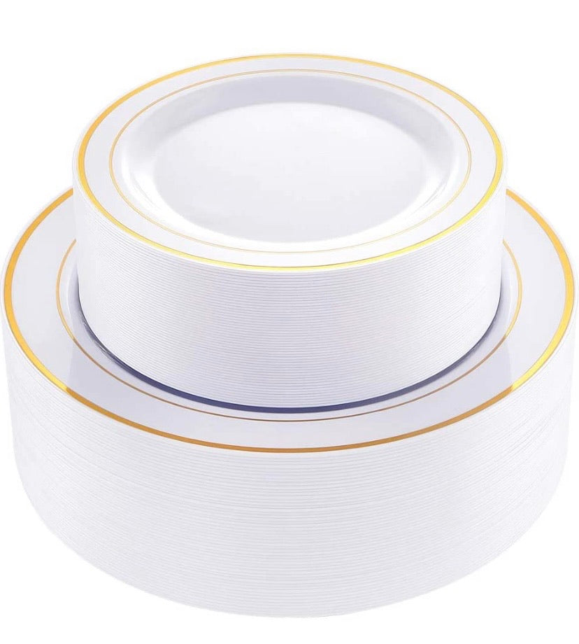 102 pcs Gold Plastic Plates, Disposable Party Plates, Gold Rimmed White Plates, Premium Heavyweight Plates for Wedding, Easter Include 51 Dinner Plates, 51 Dessert Plates, Supernal