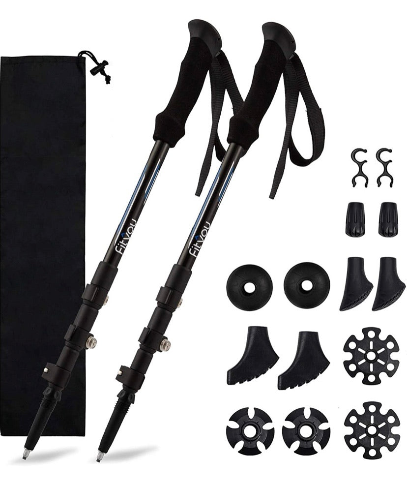 Walking Trekking Poles - 2 Pack Aluminum Metal Stick with Antishock and Quick Lock System, Adjustable, Ultralight for Hiking, Camping, Mountaining, Backpacking, Walking, Ergonomic Grip