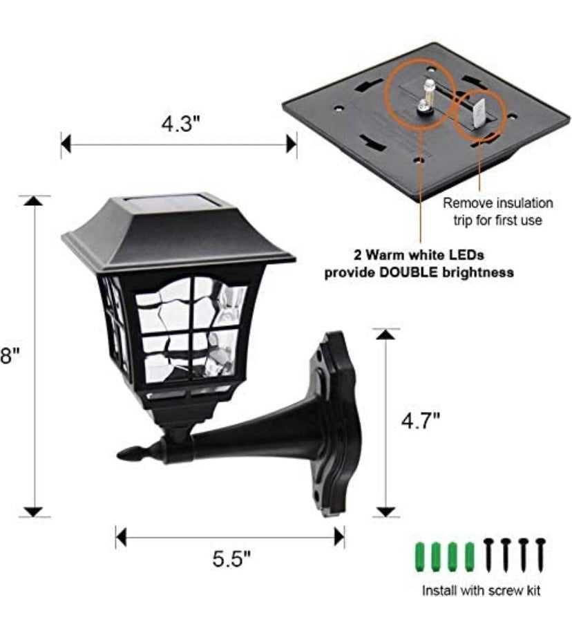 6 Lumens Solar Wall Lantern Outdoor Christmas Solar Lights Wall Sconce Solar Outdoor Led Light Fixture with Wall Mount Kit (2 Pack)