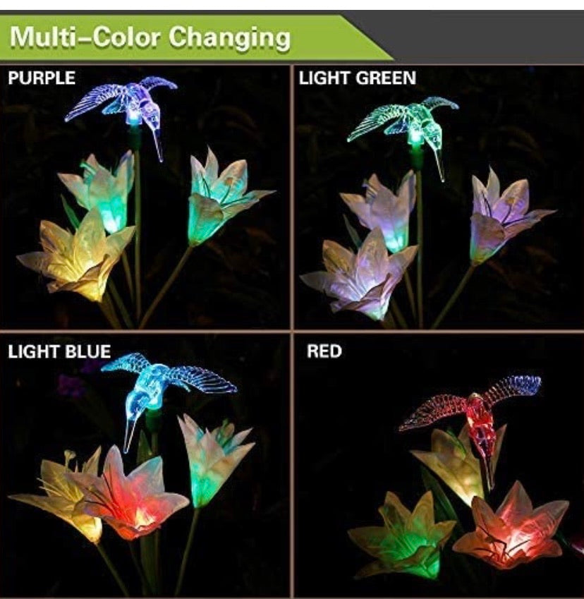 2 PCS Solar Garden Lights Outdoor, Garden Decor with 6 Lily Flower and Butterflies Combination Decorative Lights Multi-Color Changing LED Solar Stake Lights for Path, Yard, Yard Art, Yard Decorations.